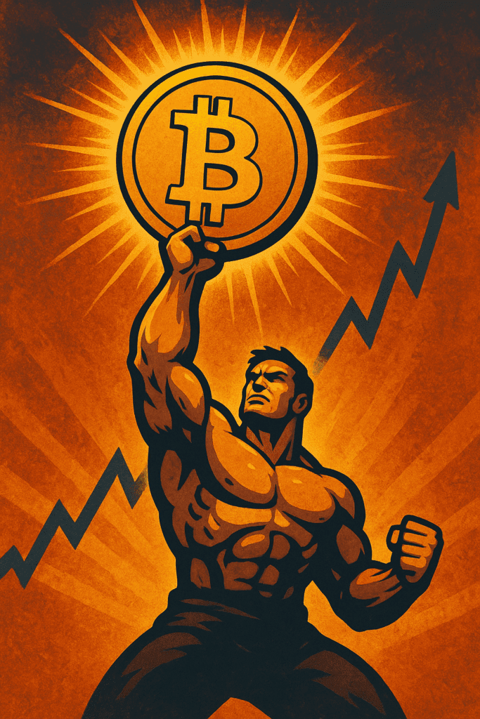 Retro Bitcoin propaganda poster: snažan muškarac slavi rast kriptovalute.Podaci s lanca potvrđuju snagu kripto tržišta