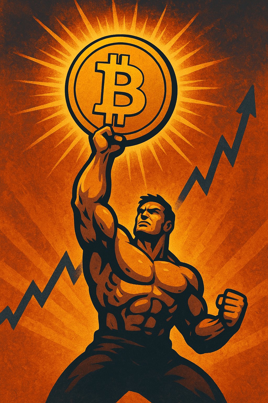 Retro Bitcoin propaganda poster: snažan muškarac slavi rast kriptovalute.