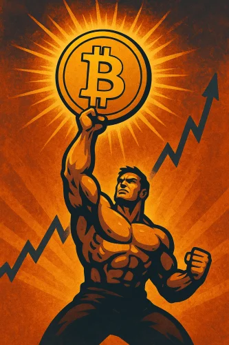 Retro Bitcoin propaganda poster: snažan muškarac slavi rast kriptovalute.Podaci s lanca potvrđuju snagu kripto tržišta