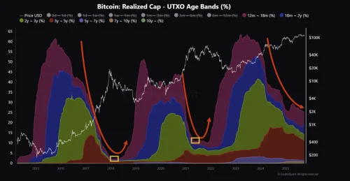 Bitcoin grafikon: UTXO dobne trake, Realizirani Cap, cijena i tržišni ciklusi.