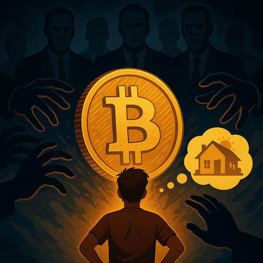 Institucije i fondovi bore se za dominaciju nad Bitcoinom dok mali ulagač sanja slobodu – ilustracija sukoba vlasništva i ideala decentralizacije.Bitcoin u idućih pet godina