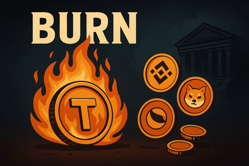 Ilustracija spaljivanja tokena s prikazom BNB, SHIB i LUNC kovanica u vatri kao simbol deflacije i smanjenja ponude.token burn
