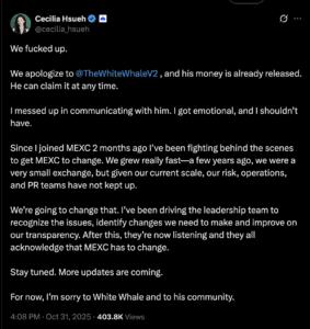 Tweet Cecilije Hsueh: Isprika MEXC-a za probleme i transparentnost.