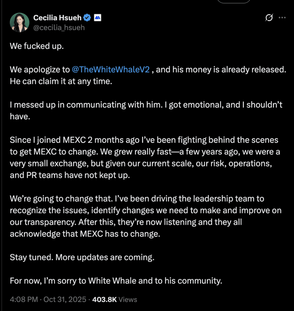 Tweet Cecilije Hsueh: Isprika MEXC-a za probleme i transparentnost.