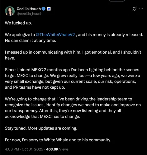 Tweet Cecilije Hsueh: Isprika MEXC-a za probleme i transparentnost.