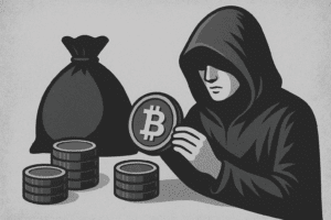 Tajanstveni zbiratelj bitcoina pregledava kriptovalute i gomile novčića.