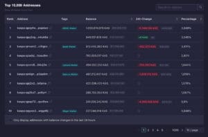 Kaspa blockchain nadzorna ploča: top 10.000 adresa, stanja i promjena novčanika.