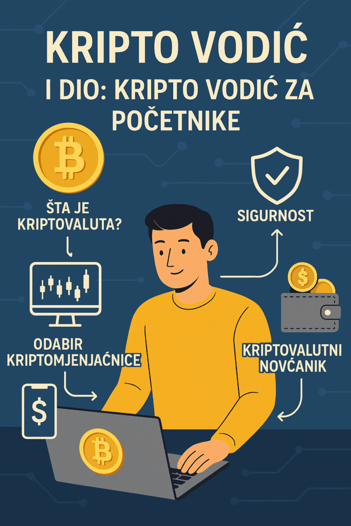 Kripto vodič za početnike: muškarac s laptopom, Bitcoin, mjenjačnica, novčanik, sigurnost.