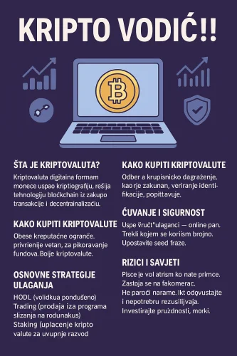 Infografika Kripto Vodič: laptop, Bitcoin, kupovina i ulaganje kriptovaluta.