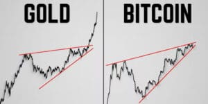 Grafikoni zlata i Bitcoina s uzlaznim trokutom i bikovskim probojem.