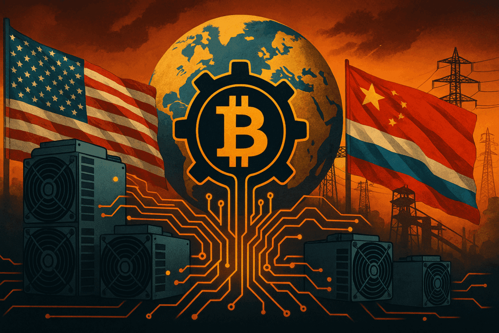 Ilustracija prikazuje borbu između svjetskih sila oko kontrole rudarske moći Bitcoina kroz simbole hashratea, zastava i energetske infrastrukture.kontrola Bitcoin mreže