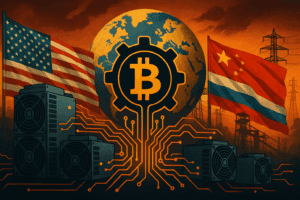 Ilustracija prikazuje borbu između svjetskih sila oko kontrole rudarske moći Bitcoina kroz simbole hashratea, zastava i energetske infrastrukture.