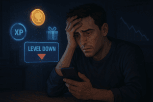 Polurealistična tech ilustracija prikazuje investitora zarobljenog u beskrajnom ciklusu nagrada, XP-a i tržišnih emocija