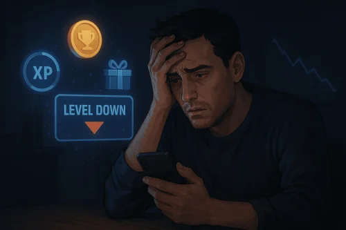 Polurealistična tech ilustracija prikazuje investitora zarobljenog u beskrajnom ciklusu nagrada, XP-a i tržišnih emocija.Kad igra postane ovisnost