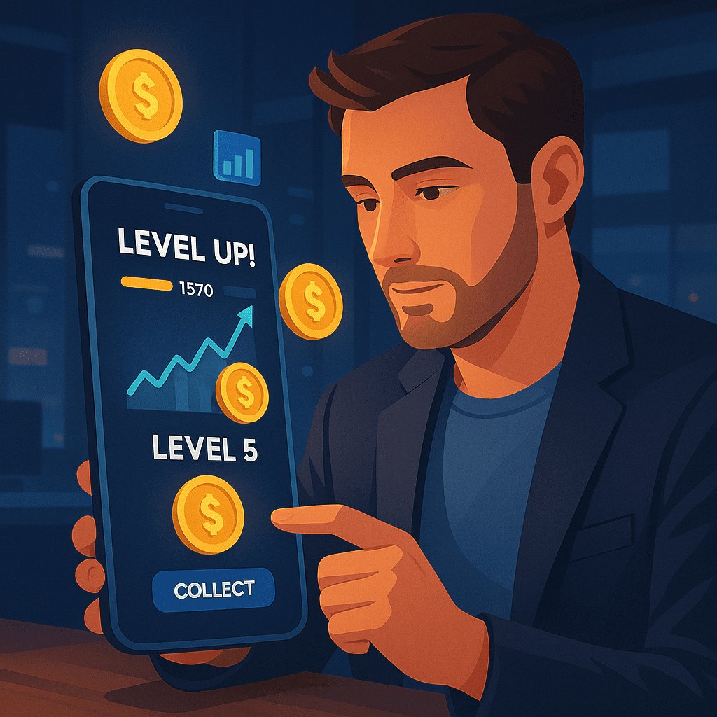 Ilustracija prikazuje investitora koji igra igricu s novčanim simbolima, metaforu igrifikacije ulaganja.od igre do ulaganja