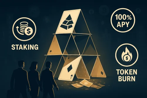 Kripto projekt prikazan kao kula od karata okružena simbolima stakinga, burna i lažnih APY nagrada, dok investitori ulaze zavedeni lažnom potražnjom.