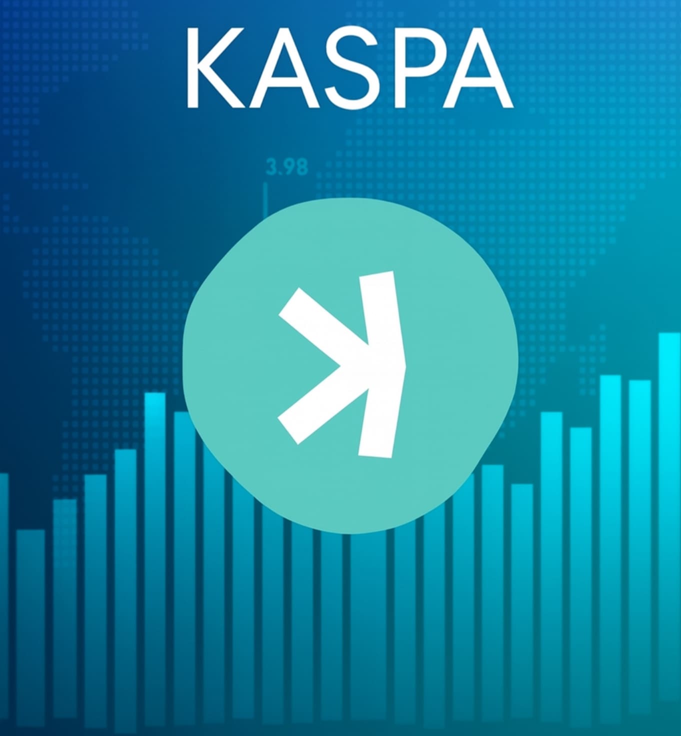 KASPA logo na plavom kripto grafikonu, sa strelicom i brojem 3.98.