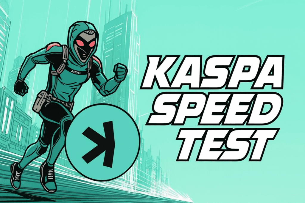 Kaspa Speed Test: Futuristički trkač u tirkiznom odijelu s logotipom brzine.POW