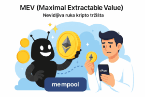 Ilustracija MEV bota koji kroz mempool manipulira Ethereum transakcijama iza leđa zbunjenom korisniku dApp-a.
