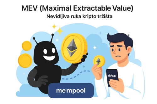 Ilustracija MEV bota koji kroz mempool manipulira Ethereum transakcijama iza leđa zbunjenom korisniku dApp-a.Maximal Extractable Value