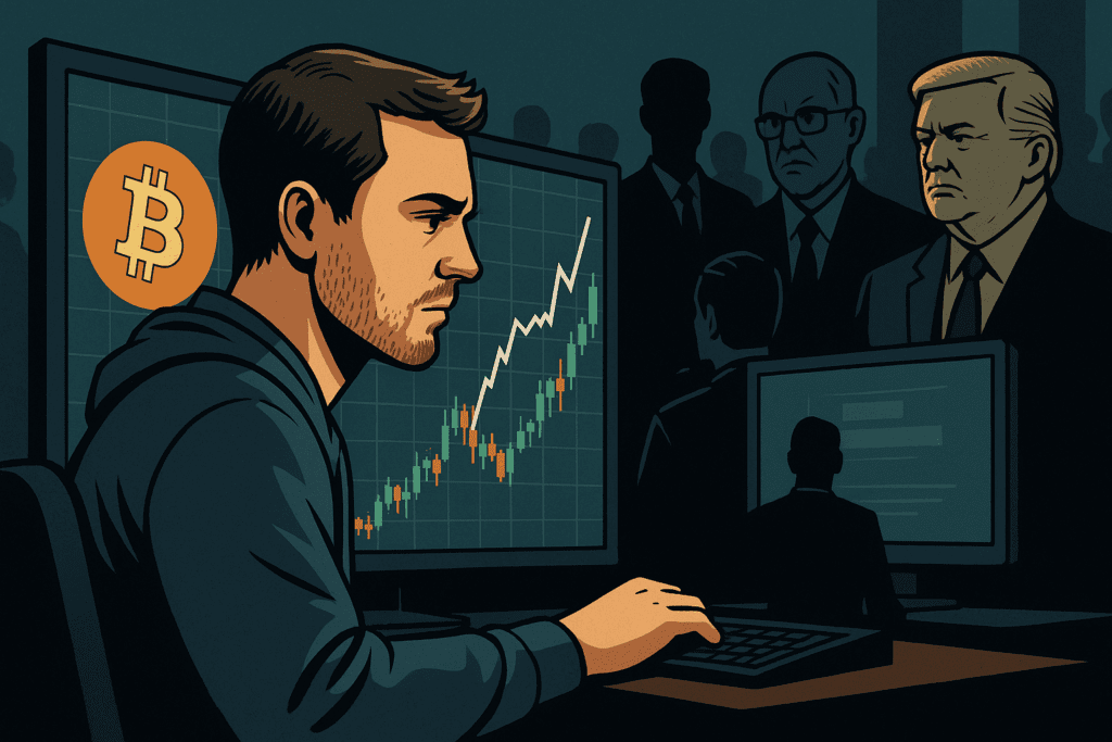 Obični investitor promatra graf Bitcoina dok institucije i fondovi pomiču tržište – priča o tome kako ljudi postaju milijunaši s kriptom.