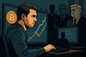 Obični investitor promatra graf Bitcoina dok institucije i fondovi pomiču tržište – priča o tome kako ljudi postaju milijunaši s kriptom.