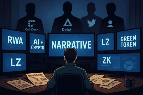 Investitor analizira kripto narative u mračnoj sobi, okružen utjecajem medija i VC fondova.narativ