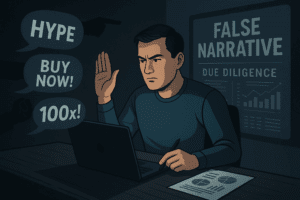 Investitor odlučno odbija kripto FOMO poruke dok analizira podatke ispred ekrana s natpisom "False Narrative – Due Diligence".