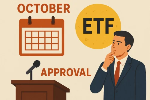 Muškarac razmišlja o odobrenju ETF-a u listopadu, s kalendarom.