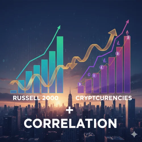 Učinak Russell 2000 i kriptovaluta: korelacijski grafovi iznad siluete grada.Russell 2000