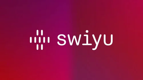 Bijeli Swiyu logo s linijama na vibrantnoj magenta-ružičastoj gradijent pozadini.