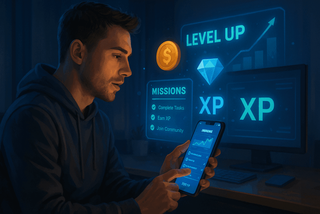 Polurealistična ilustracija u tech stilu prikazuje igrifikaciju ulaganja s korisnikom koji skuplja XP bodove i izvršava misije.igrifikacija 