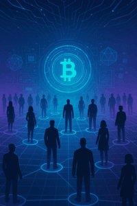 Bitcoin decentralizirana mreža: apstraktna vizija ljudi i digitalne tehnologije.