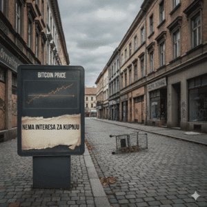Pad cijene Bitcoina i urbano propadanje, Nema interesa za kupnju, na napuštenoj ulici.