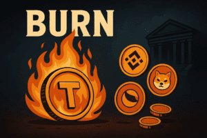 Ilustracija spaljivanja tokena s prikazom BNB, SHIB i LUNC kovanica u vatri kao simbol deflacije i smanjenja ponude.