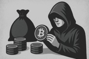 Tajanstveni zbiratelj bitcoina pregledava kriptovalute i gomile novčića.