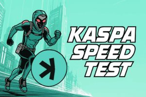 Kaspa Speed Test: Futuristički trkač u tirkiznom odijelu s logotipom brzine.