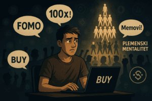 Mladi investitor sjedi za laptopom okružen FOMO porukama, dok u pozadini kripto zajednica nesvjesno održava ponzi dinamiku kroz memove, tribalizam i hype.