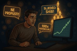 Investitor ispred monitora okružen FOMO porukama i Ponzi simbolikom u pozadini