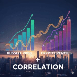 Učinak Russell 2000 i kriptovaluta: korelacijski grafovi iznad siluete grada.