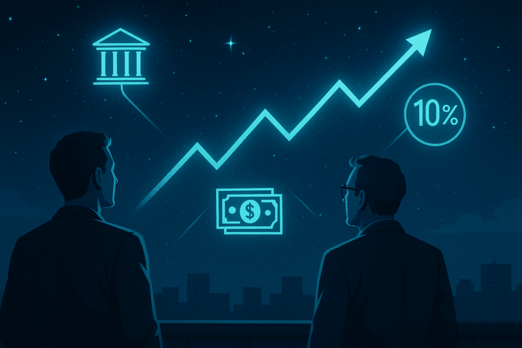 Investitor noću promatra nebo iscrtano svjetlosnim simbolima koji prikazuju povezanost Fedove bilance, prinosa, dolara i Treasury emisija.