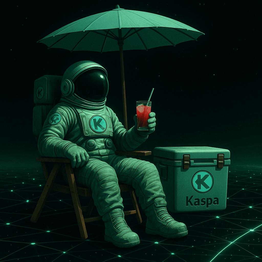 Astronaut se opušta s pićem pod suncobranom, Kaspa branding