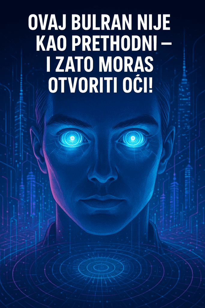 Futuristički portret s plavim svjetlećim očima kiborga i digitalnim gradom.Ovaj bulran nije kao prethodni