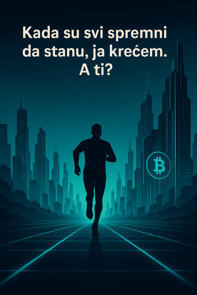 Bitcoin trkač u futurističkom plavom digitalnom gradu.Kripto nije sprint trka