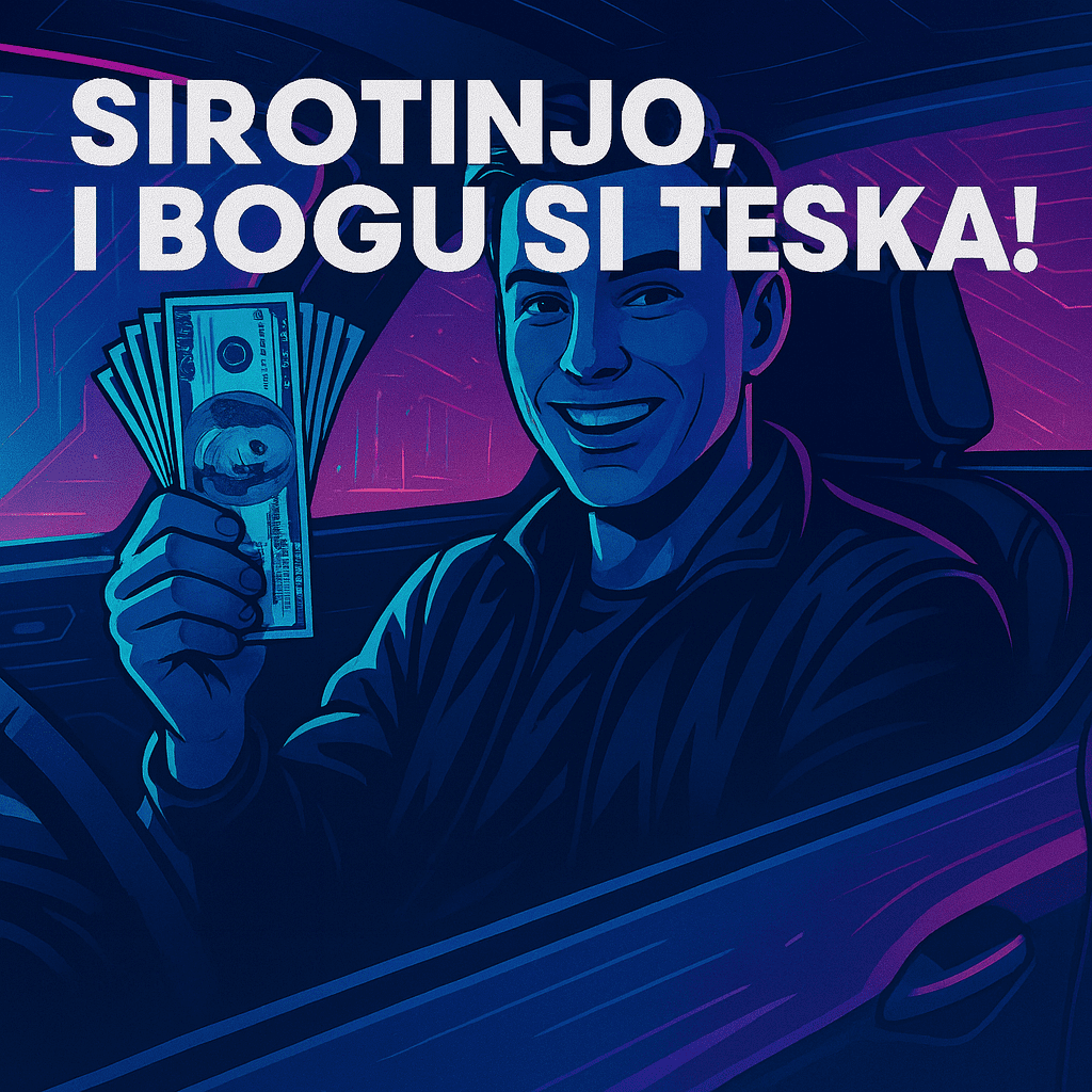 Digitalna ilustracija: nasmijan bogataš u autu s novcem i porukom Sirotinjo, i Bogu si teška!.