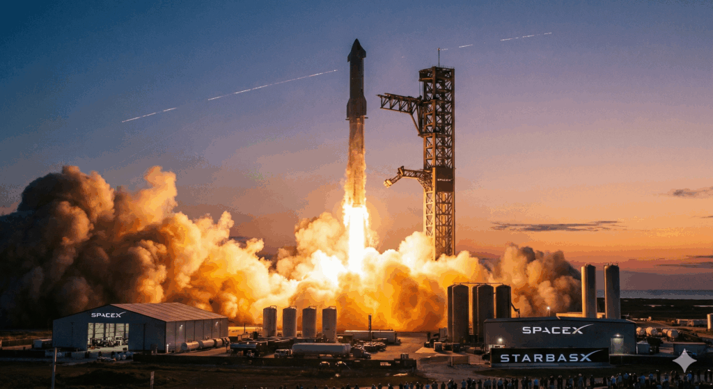 SpaceX Starship lansiranje rakete sa Starbasea u sumrak.