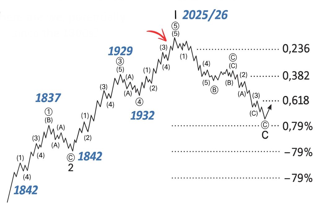 Financijski grafikon s Elliottovim valom, Fibonacci analizom tržišta i povijesnim podacima.