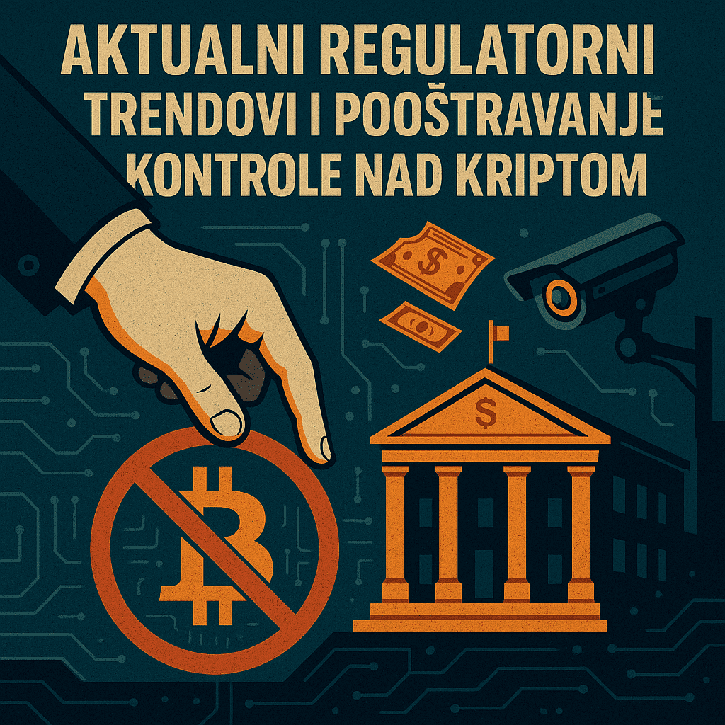 Ilustracija: regulacija kriptovaluta, Bitcoin zabranjen, bankarska kontrola i nadzor.Aktualni regulatorni trendovi.