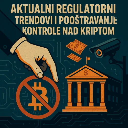 Ilustracija: regulacija kriptovaluta, Bitcoin zabranjen, bankarska kontrola i nadzor.Aktualni regulatorni trendovi.
