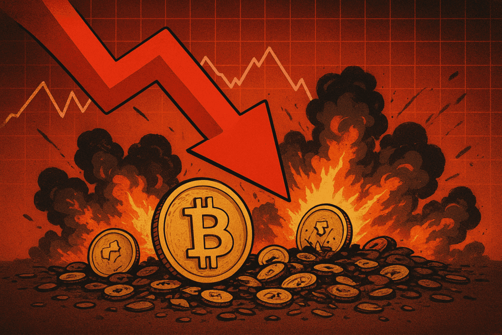 Bitcoin kriptovaluta pad: gorući novčići u plamenu i dimu.Novi val likvidacije
